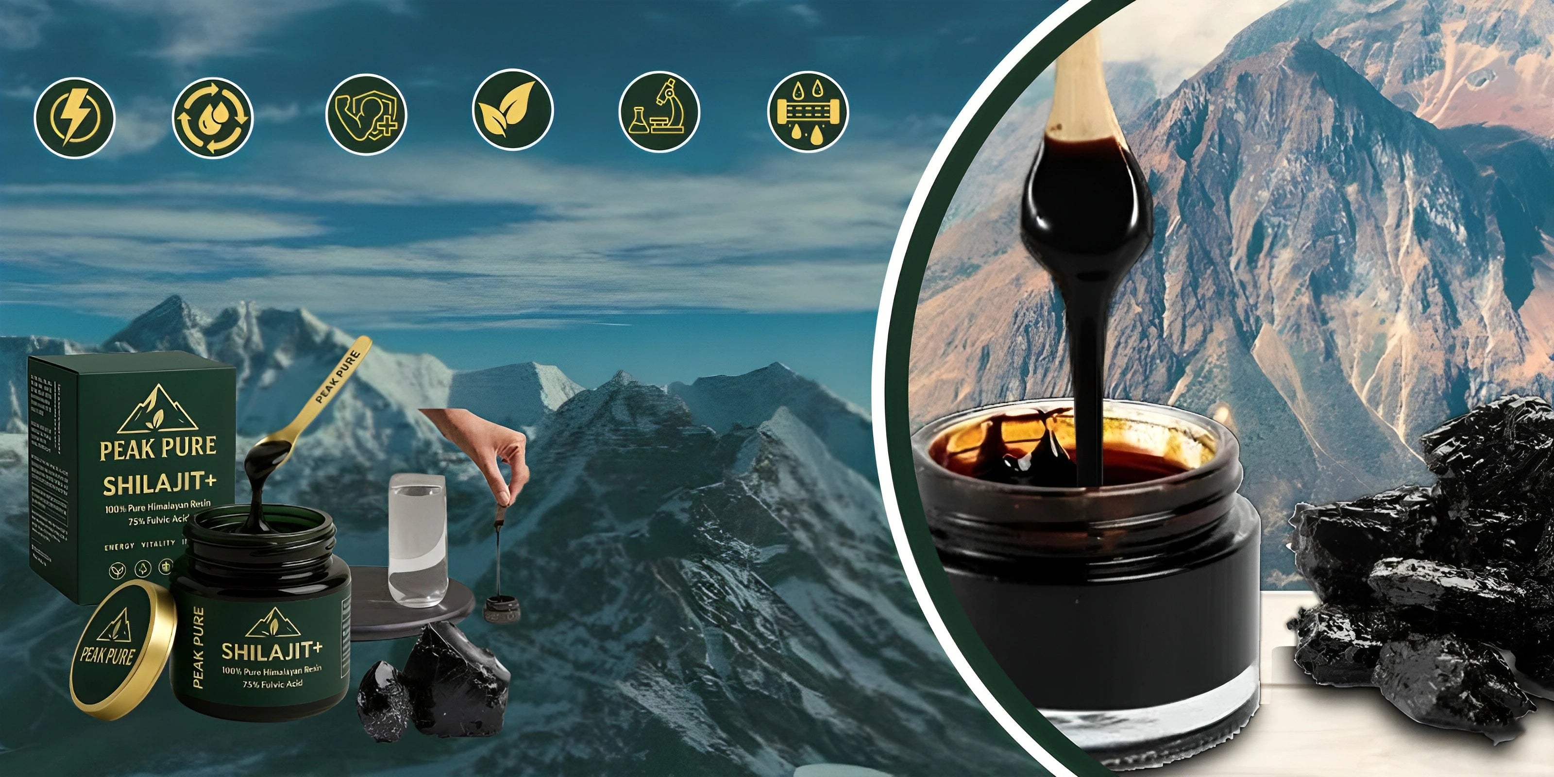 Shilajit product with packaging and mountain background