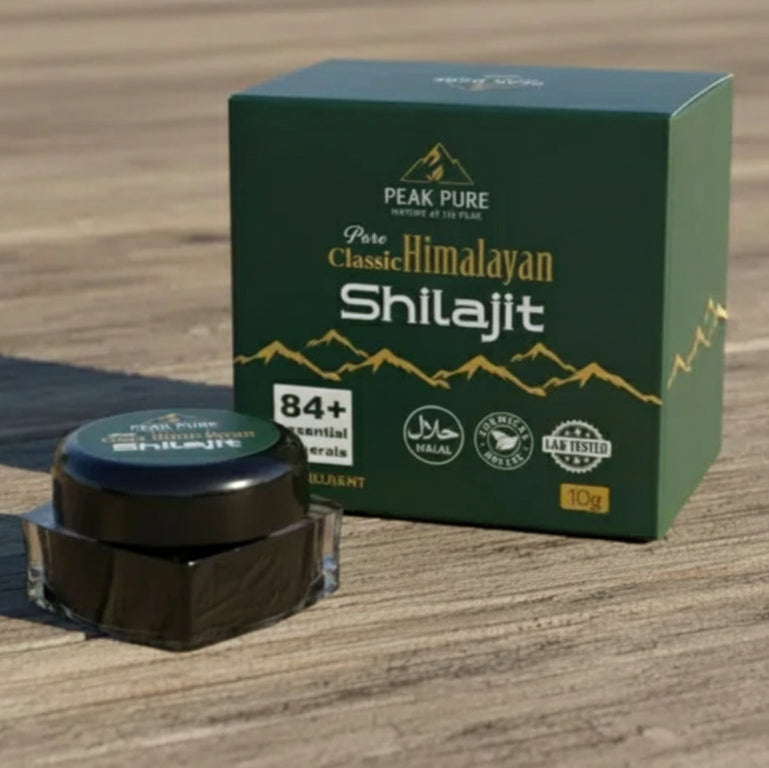 Peak Pure Classic Himalayan Shilajit container and packaging on a wooden surface