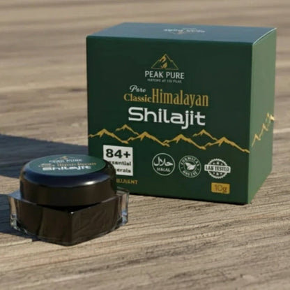 Peak Pure Classic Himalayan Shilajit container and packaging on a wooden surface