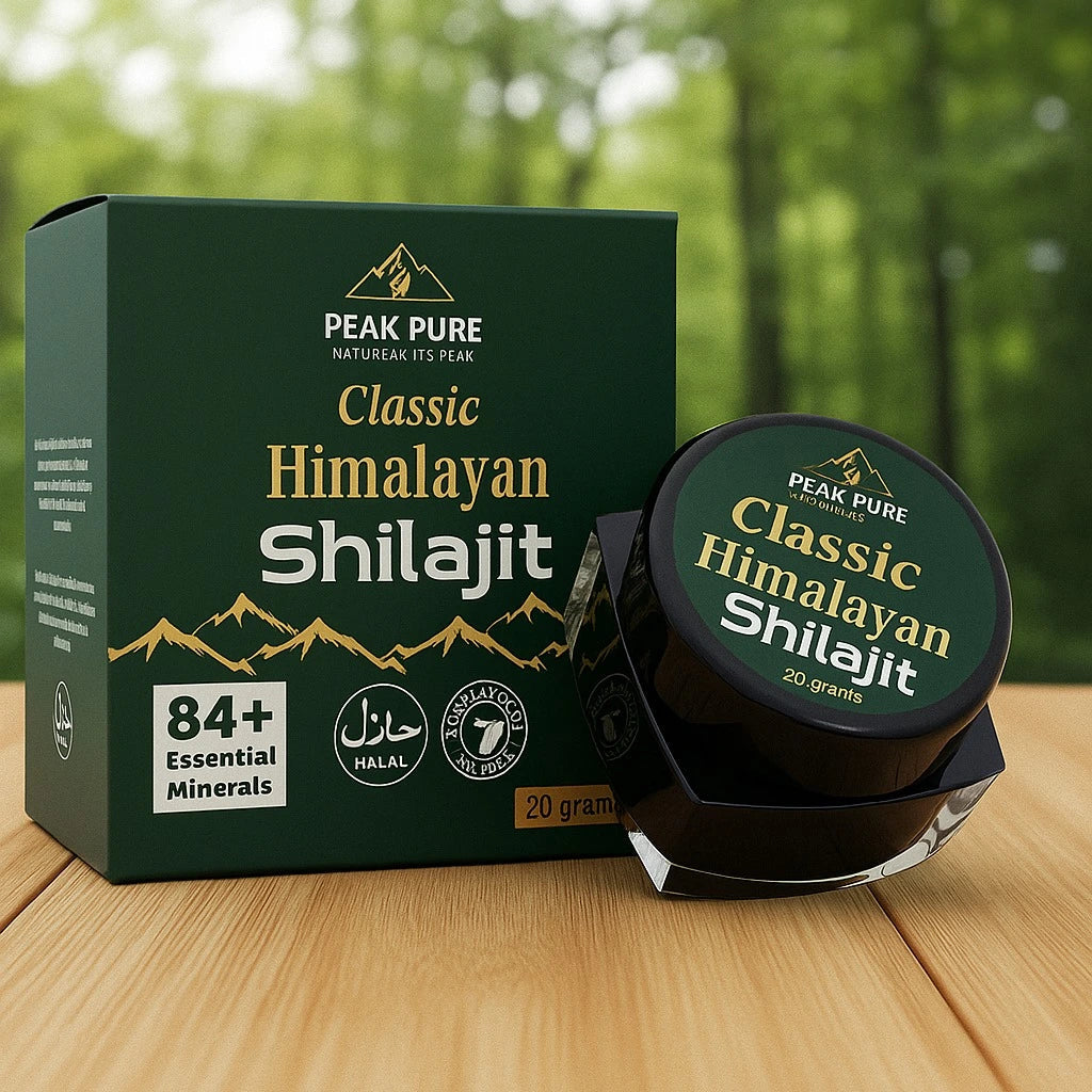 Peak Pure Classic Himalayan Shilajit packaging on a wooden surface with a forest background