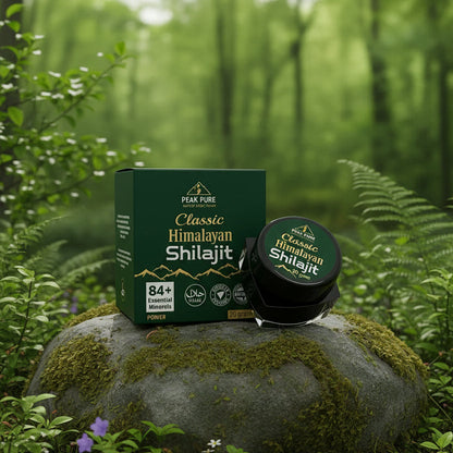 Shilajit products including containers and packaging on a white background