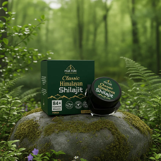 Shilajit products including containers and packaging on a white background