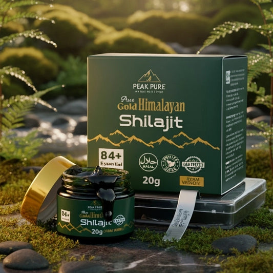 Peak Pure Shilajit product with packaging in a natural setting