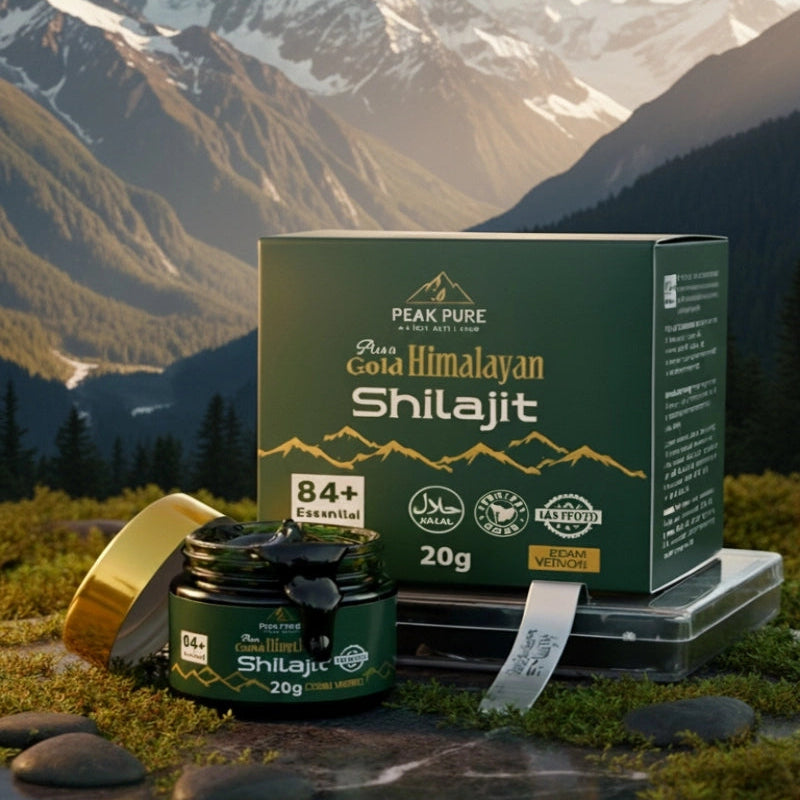 Peak Pure Gota Himalayan Shilajit packaging on a wooden surface with a spoon and small container.