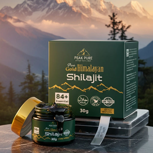 Himalayan Shilajit product with packaging against a mountainous background