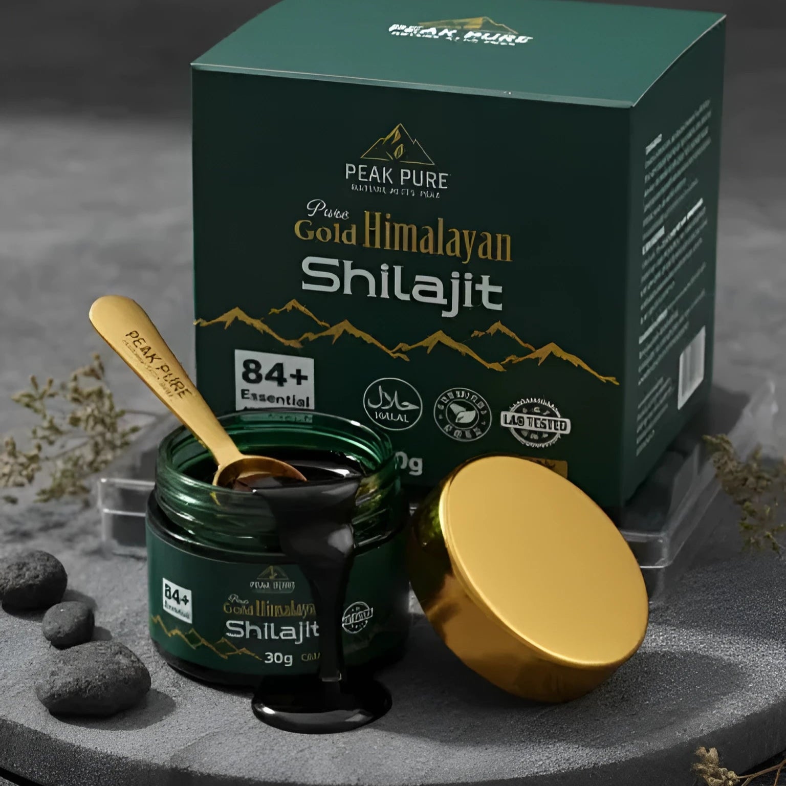 Caspian Himalayan Shilajit with packaging on a dark background